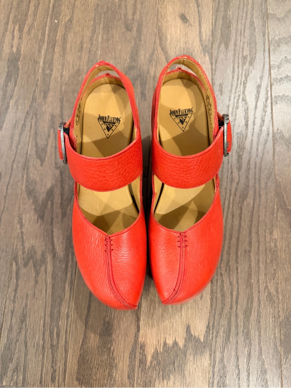 John Fluevog Red Leather Mary Jane Clogs with Buckle